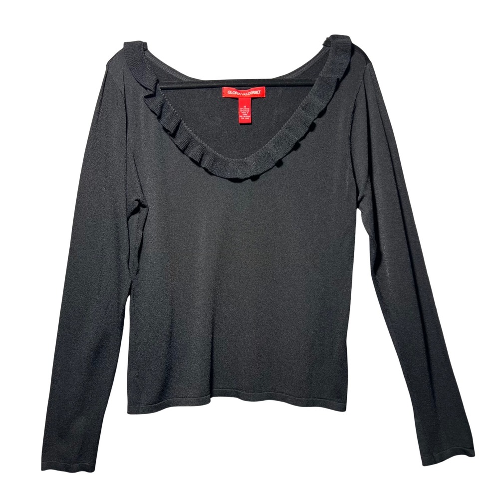Gloria‎ Vanderbilt Black Long Sleeve Ruffled Neck Sweater Top Women's Size M